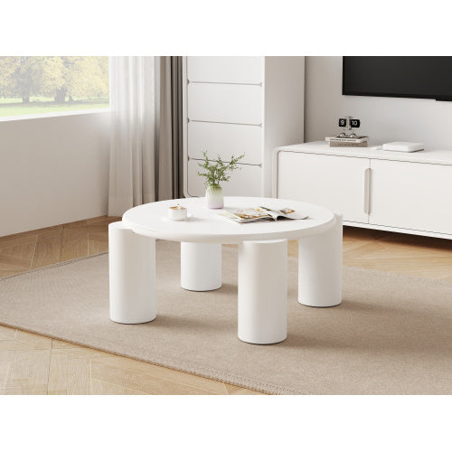 White Round Coffee Table,Wooden Painted Coffee Table,Tea Table, Cute Wooden Modern Center Table With 4 Legs For Bedroom Apartment, Living Room, Farmhouse