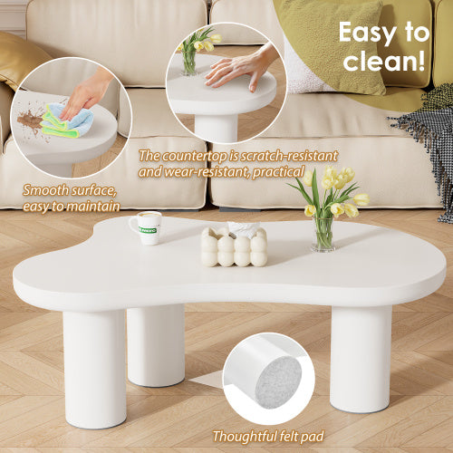 Irregular White Painted Coffee Table, Cloud Shaped Coffee Table Tea Table End Table, Modern Coffee Table With 3 Legs, For Living Room Furniture, 107x66x40.5 Cm