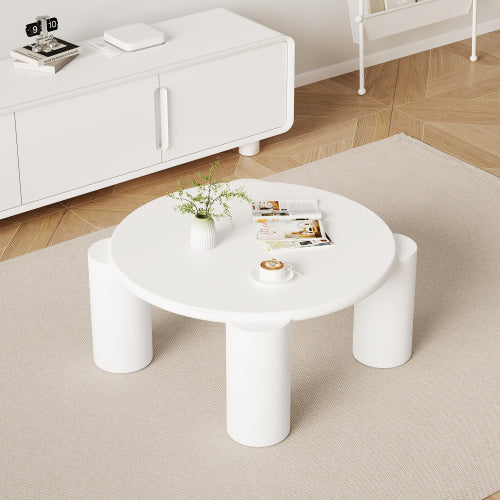 White Round Coffee Table,Wooden Painted Coffee Table,Tea Table, Cute Wooden Modern Center Table With 4 Legs For Bedroom Apartment, Living Room, Farmhouse