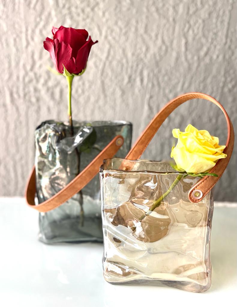 Virago Medium Glass Purse Vase with Leather Handle