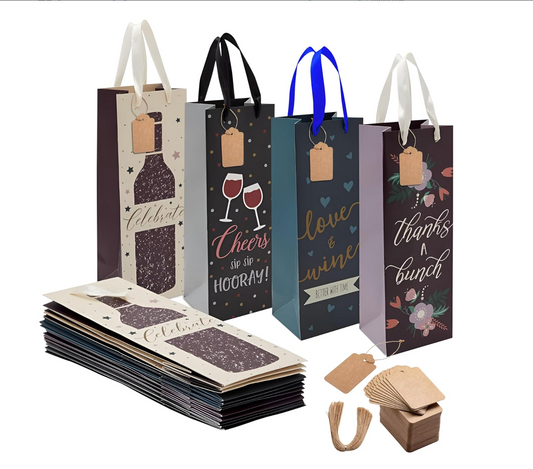 48 Pack Wine Bottle Gift Bags with Handles, 4 Chic Designs, Durable Celebration Bag Set Ideal for Weddings, Birthdays, Christmas and More, 9.5x9x35cm