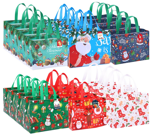 24 Pcs Non-Woven Christmas Gift Bags Set With 6 Festive Designs , Tags & Ropes Included , Durable & Reusable Holiday Totes for Presents , Gift bags , gift bags with handles , Size 32* 25*17 CM