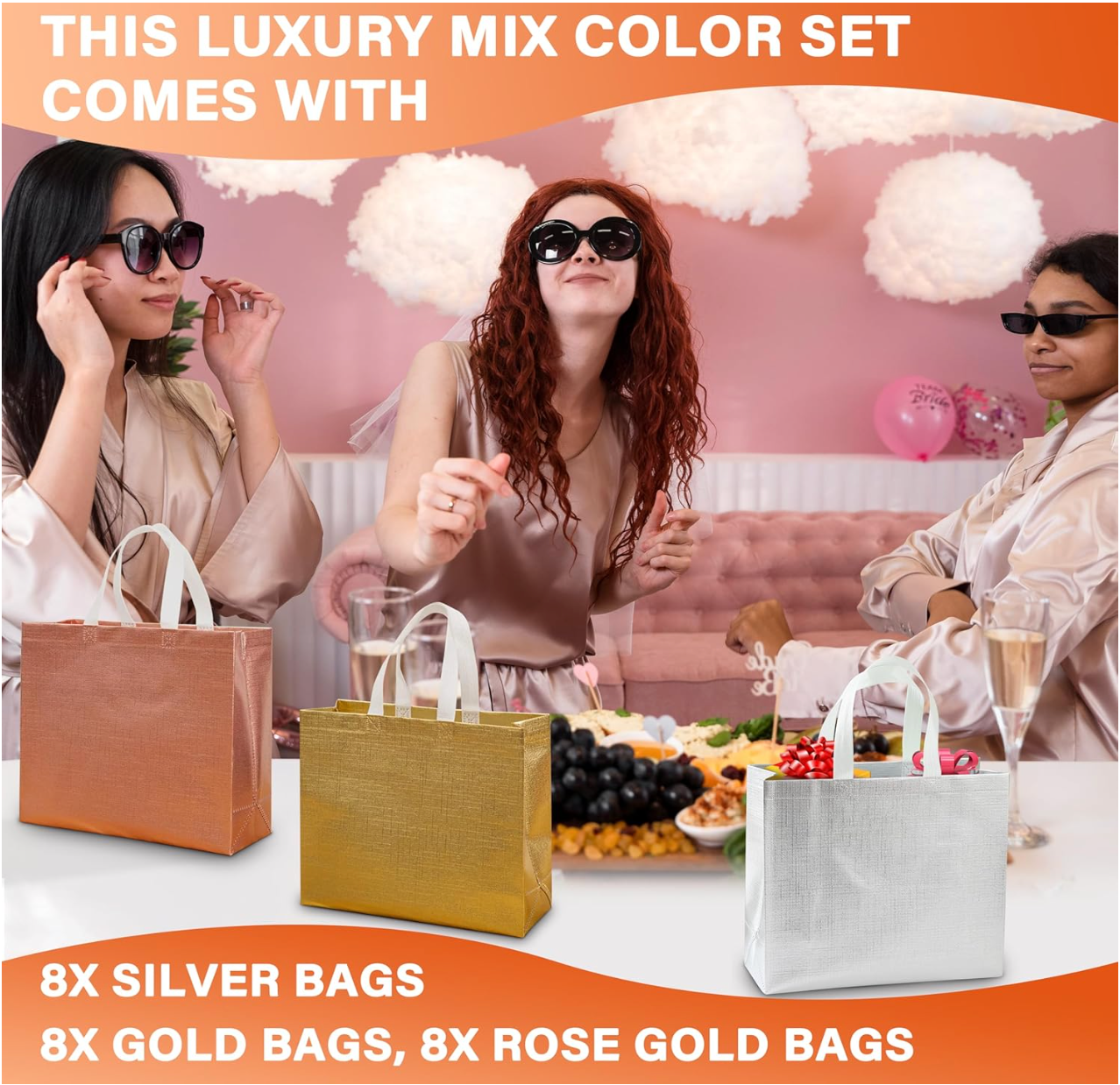 24 Gift Bags , Multipack of 8 Rose Gold, 8 Silver , 8 Gold , Reusable Shopping Bags for Birthdays , Goody Bags , Gift Bags With Handles , Shopping Bags , Birthday Gift Bag , Size 32 x 28 x 12 cm